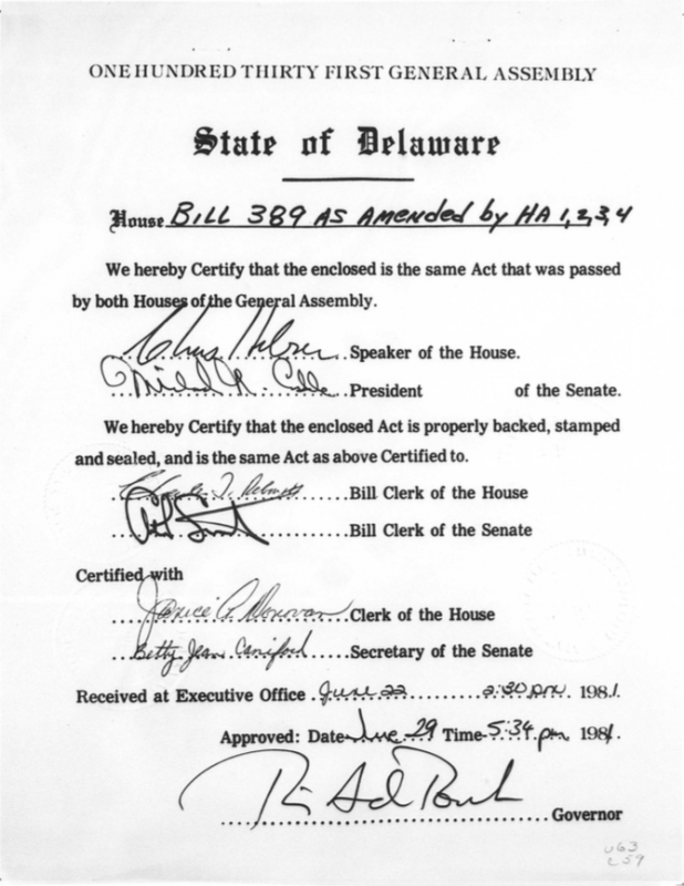 Edward McWilliams from Delaware Public Archives submitted this image of the cover sheet from the original incorporation document signed by Gov. Pete du Pont in 1981. DELAWARE PUBLIC ARCHIVES